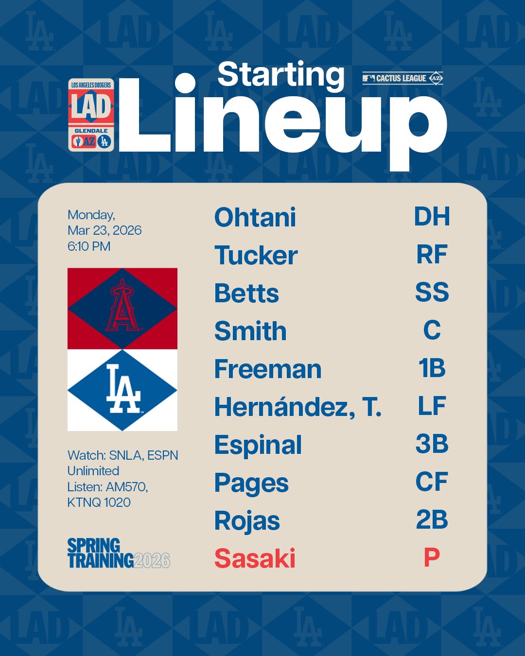 Tonight’s #FreewaySeries Dodgers lineup vs. Angels:
Ohtani DH
Tucker RF
Betts SS
Smith C
Freeman 1B
Hernández, T. LF
Espinal 3B
Pages CF
Rojas 2B
Sasaki P