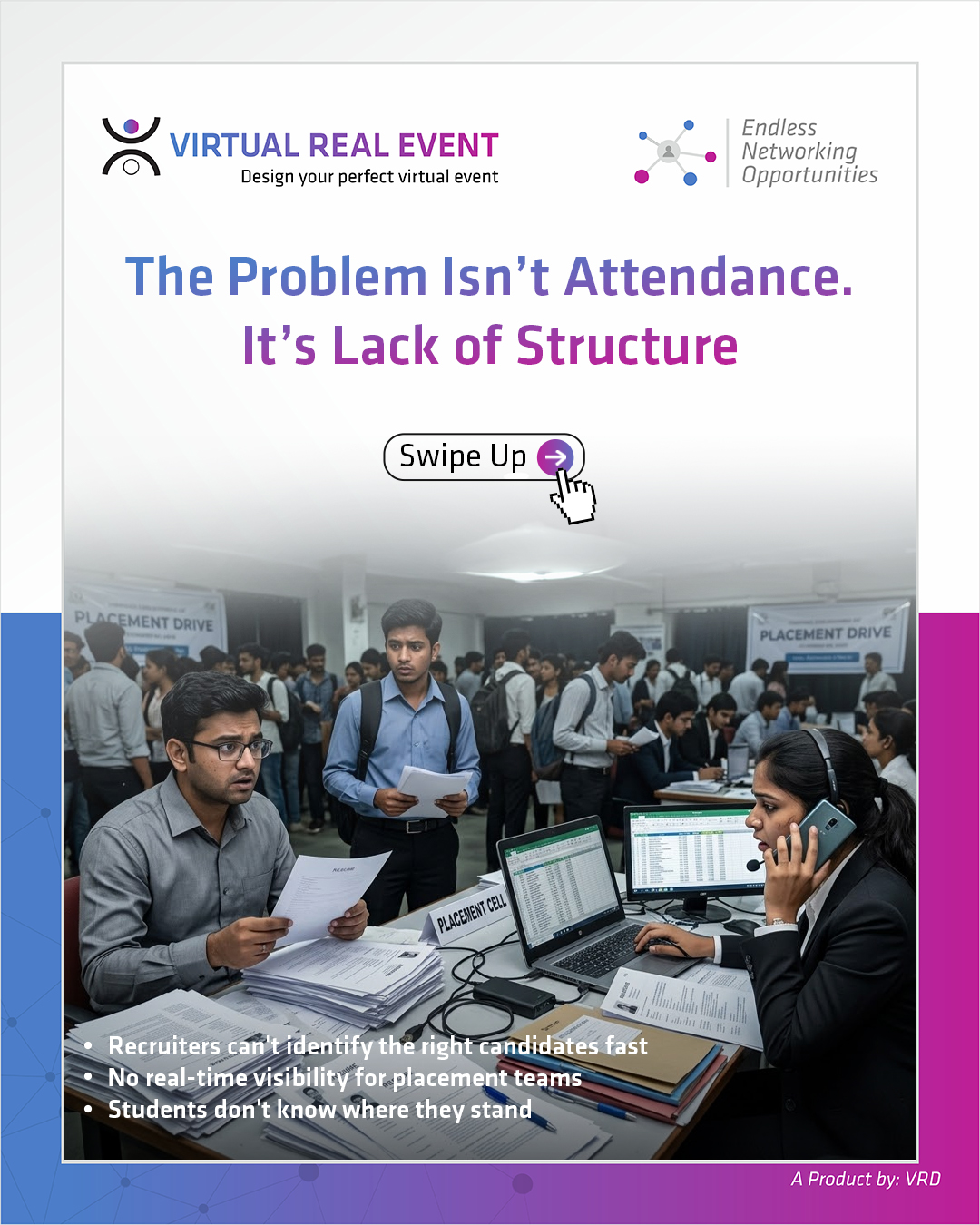 Busy campus placement drive with recruiters and students interacting