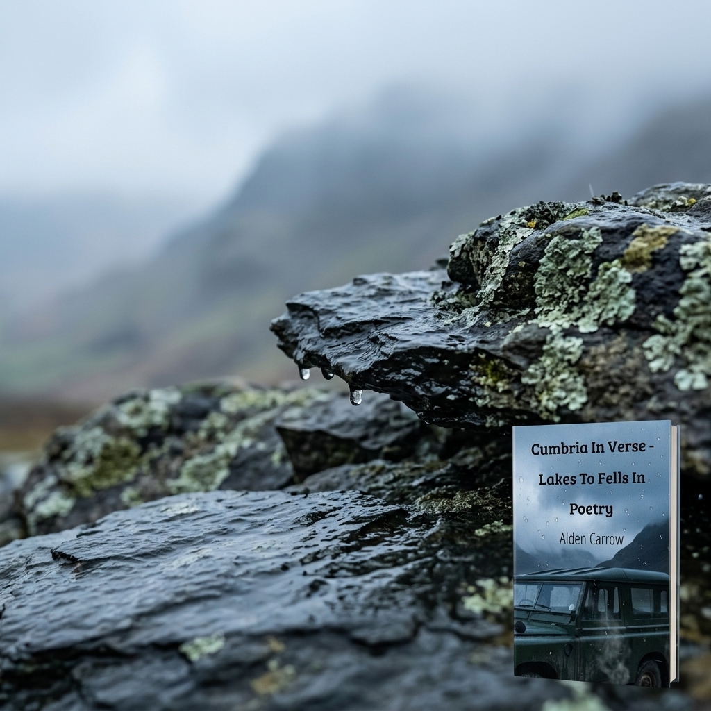 A cinematic, macro-focus shot of wet Lakeland slate and ancient lichen-covered gritstone. The lighting is cold and diffuse, characteristic of a late winter afternoon in the fells. Droplets of icy rain are caught in sharp detail on the stone's jagged edges, emphasizing a heavy, tactile materiality against a backdrop of soft, rolling mist. The book Cumbria In Verse - Lakes To Fells In Poetry sits in the corner.