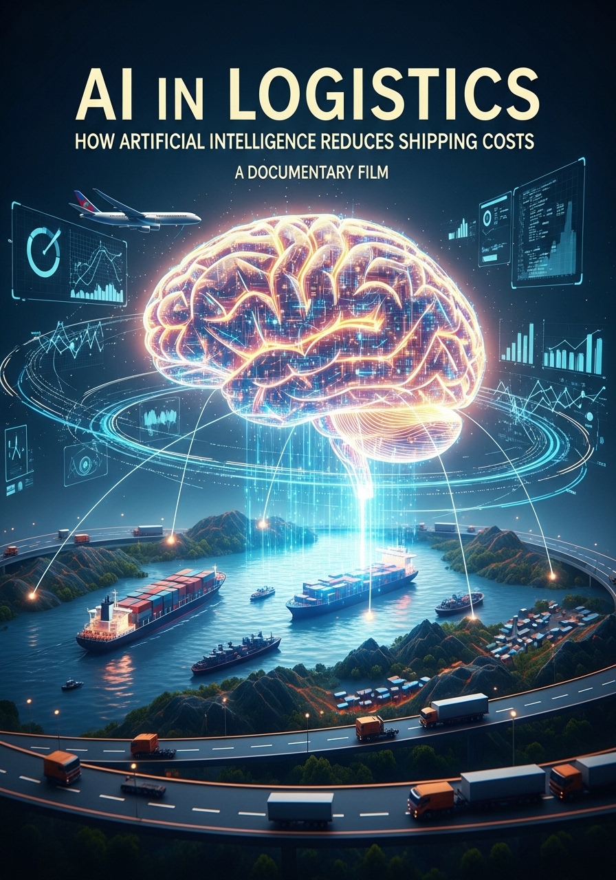 AI in Logistics Hero image for an article about AI in logistics, showing a modern supply chain network with trucks, warehouses, shipping routes, data dashboards, and artificial intelligence analyzing route optimization, carrier selection, and inventory efficiency to reduce shipping costs.
