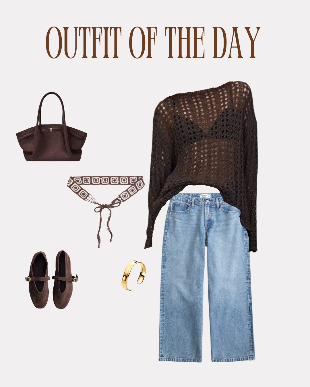 Kept it soft and layered with an openwork rib-knit boat neck sweater from Boohoo, layered over a vest or just a bra if you’re feeling cheeky. Paired with the low rise ultra loose bungee hem jeans from Abercrombie & Fitch. I added a macramé belt from Hollister to pull it all together, pairing the crochet vibe, and finished the look with chocolate suede Mary Jane ballet flats from ASOS Design.

Accessories felt key—my versatile faux suede tote from Chicwish and an organically shaped open bangle from Pandora to keep it simple but elevated 