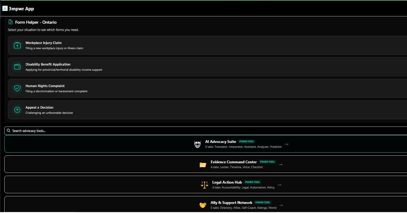 Alt Text**: Form helper and legal search tools for workers compensation paperwork assistance - 3mpwrApp Advocacy Hub  