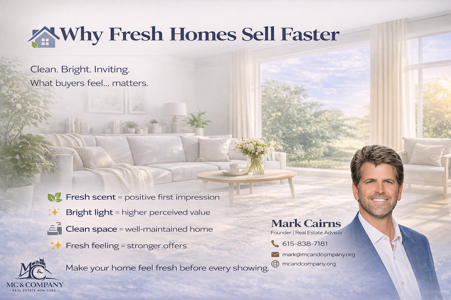 π‘ Why Buyers Prefer Homes That Feel βFreshβ β¨
When buyers walk into a home, they instantly notice how it feels β and freshness plays a major role in that first impression.
In markets like Nashville and Franklin, homes that feel clean, bright, and fresh often stand out β and sell faster.
Hereβs why it matters:
πΏ Smell Sets the Mood
Fresh, neutral scents create a sense of cleanliness. Unpleasant odors can quickly turn buyers away β even if the home looks great.
βοΈ Lighting Creates Energy
Bright, well-lit spaces feel larger, more inviting, and more valuable. Natural light + warm lighting = a welcoming atmosphere.
π§Ό Cleanliness Signals Care
Spotless kitchens, bathrooms, and floors tell buyers the home has been well maintained.
β¨ Emotional Impact
A fresh-feeling home helps buyers relax and imagine themselves living there β which can lead to stronger offers.
π‘ Pro Tip: Before showings, open windows, deep clean, and use soft lighting to create a fresh, inviting environment.