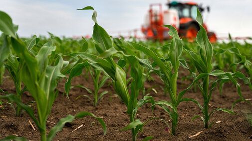 Tractor applying inputs across rows of young corn plants in a field, with equipment visible in the background.