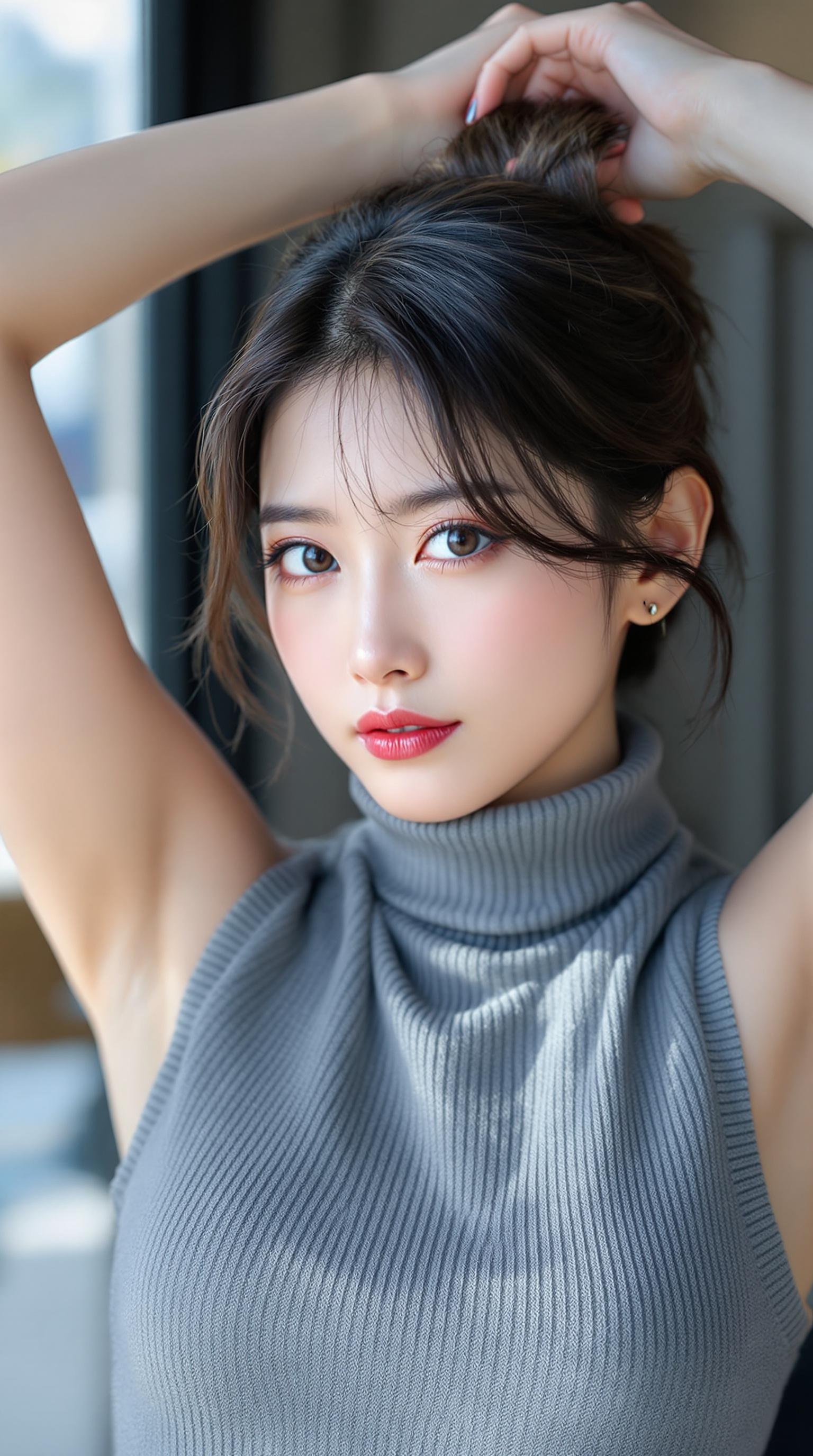A high-quality AI-generated portrait of a beautiful Japanese woman with soft features, lifting her arms to tie her dark hair into an updo. She is wearing a sleeveless grey turtleneck knit top, looking directly at the camera with a gentle and natural expression.