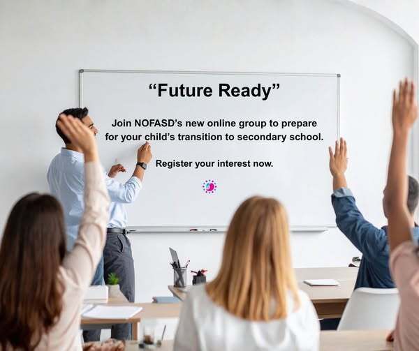 A classroom scene with a teacher standing at the front beside a screen that reads “Future Ready.” The text on the screen says: “Your NDIS plan: online, easy to prepare for your child’s transition to secondary school. Register your interest now.” Several students sit at desks facing the front, with a few raising their hands.
