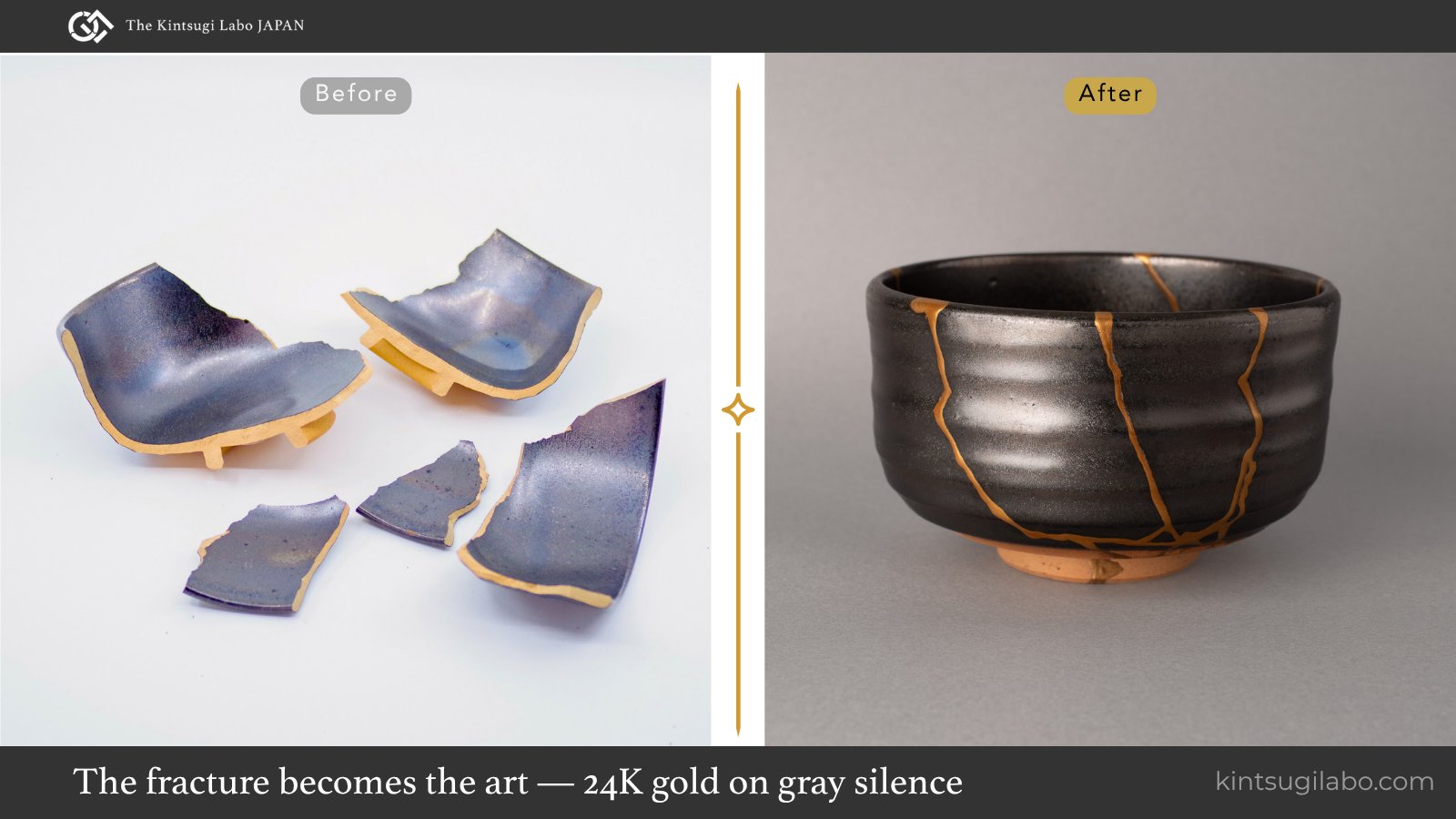 Arita ware matcha bowl with deep gray glaze and bold 24K gold kintsugi seams, restored with natural urushi lacquer, has found its home.