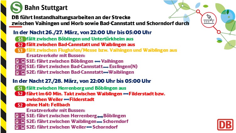 In den Nächten von 26 auf den 27 März und 27 auf den 28 März, jeweils von 22 Uhr bis 5 Uhr, finden zwischen Vaihingen und Horb sowie Bad Cannstatt und Schorndorf Instandhaltungsarbeiten statt. In der Nacht 26 auf den 27 März: Linie S1 entfällt zwischen Böblingen und Untertürkheim. Zwischen Böblingen und Vaihingen sowie zwischen Bad Cannstatt und Esslingen fährt ein Ersatzverkehr mit Bussen S1E. Linie S2 entfällt zwischen Bad Cannstatt und Waiblingen. Zwischen Bad Cannstatt und Waiblingen fährt ein Ersatzverkehr mit Bussen S2E. Linie S3 entfällt zwischen Flughafen Messe und Waiblingen. In der Nacht von 27 auf den 28 März: Linie S1 entfällt zwischen Herrenberg und Böblingen. Zwischen Herrenberg und Böblingen fährt ein Ersatzverkehr mit Bussen S1E. Linie S2 fährt stündlich zwischen Waiblingen und Filderstadt und stündlich zwischen Weiler und Filderstadt. Linie S2 fährt ohne Halt in Fellbach. Zwischen Waiblingen und Schorndorf fährt ein Ersatzverkehr mit Bussen S2E.
