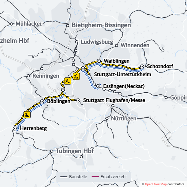 Streckenkarte zwischen Herrenberg und Esslingen sowie zwischen Flughafen Messe und Schorndorf