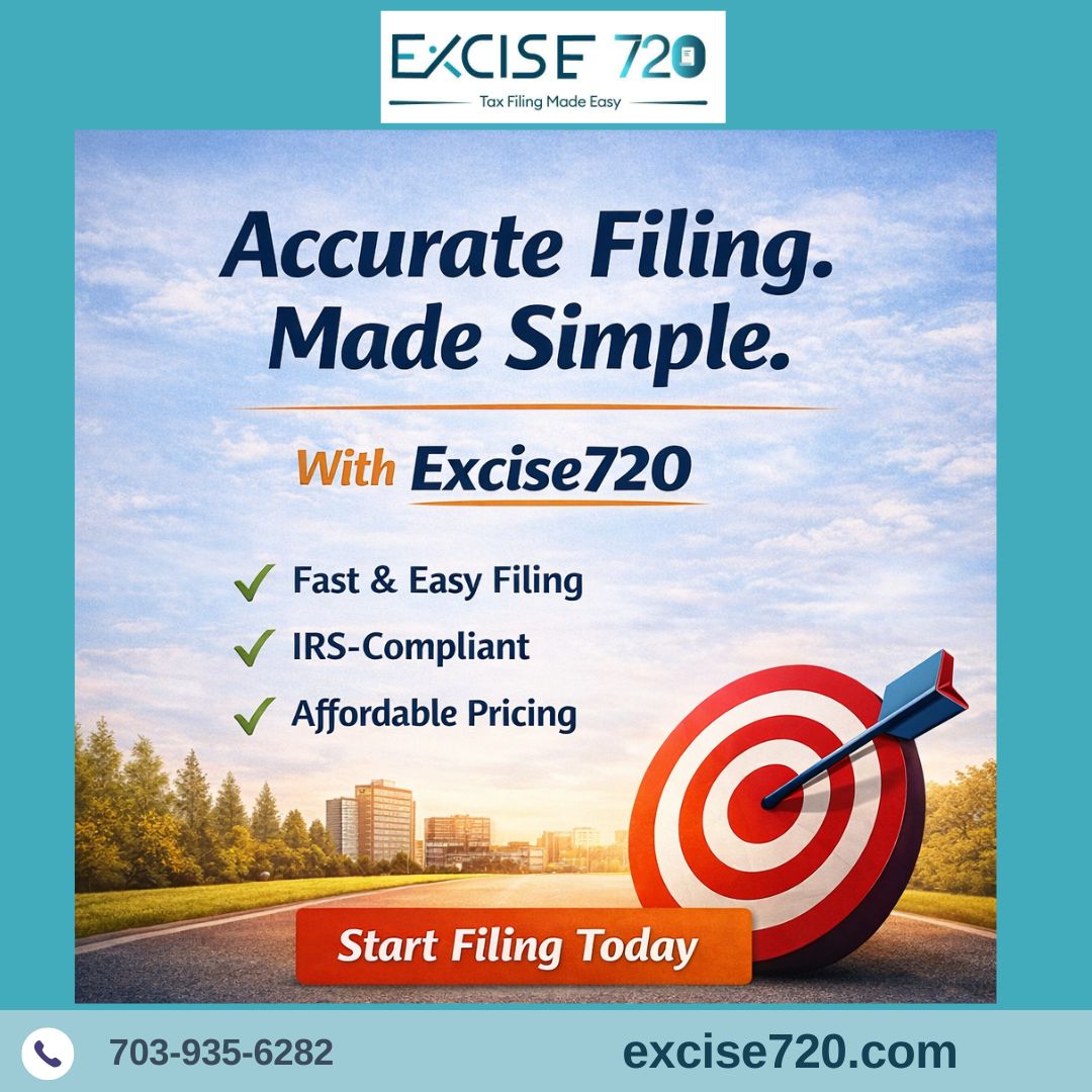 Poster promoting accurate and simple tax filing with Excise 720, featuring a target with an arrow and highlighting fast, IRS-compliant, and affordable tax filing services.