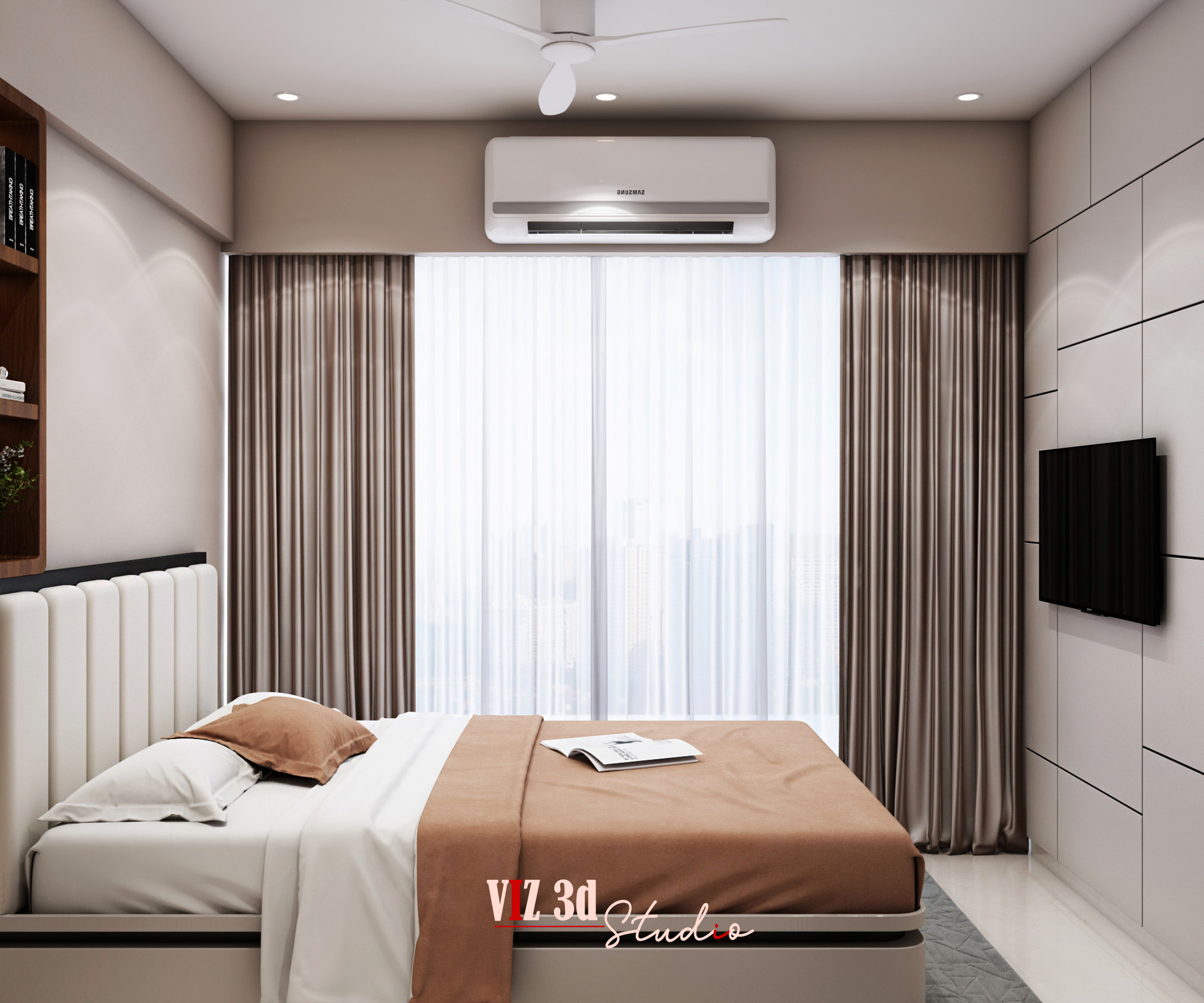 A photorealistic 3D bedroom render showcasing realistic lighting, PBR materials, precise modeling, and clean detailing created as part of a high-end visualization project.