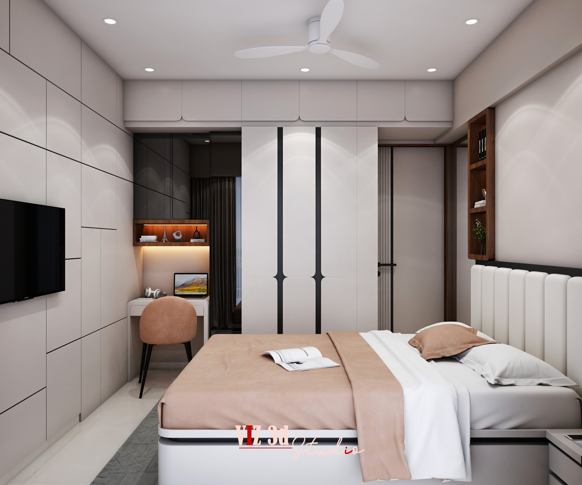 Modern luxury bedroom visualization with accurate lighting, realistic textures, and advanced rendering techniques, crafted to look almost indistinguishable from a real photo.
