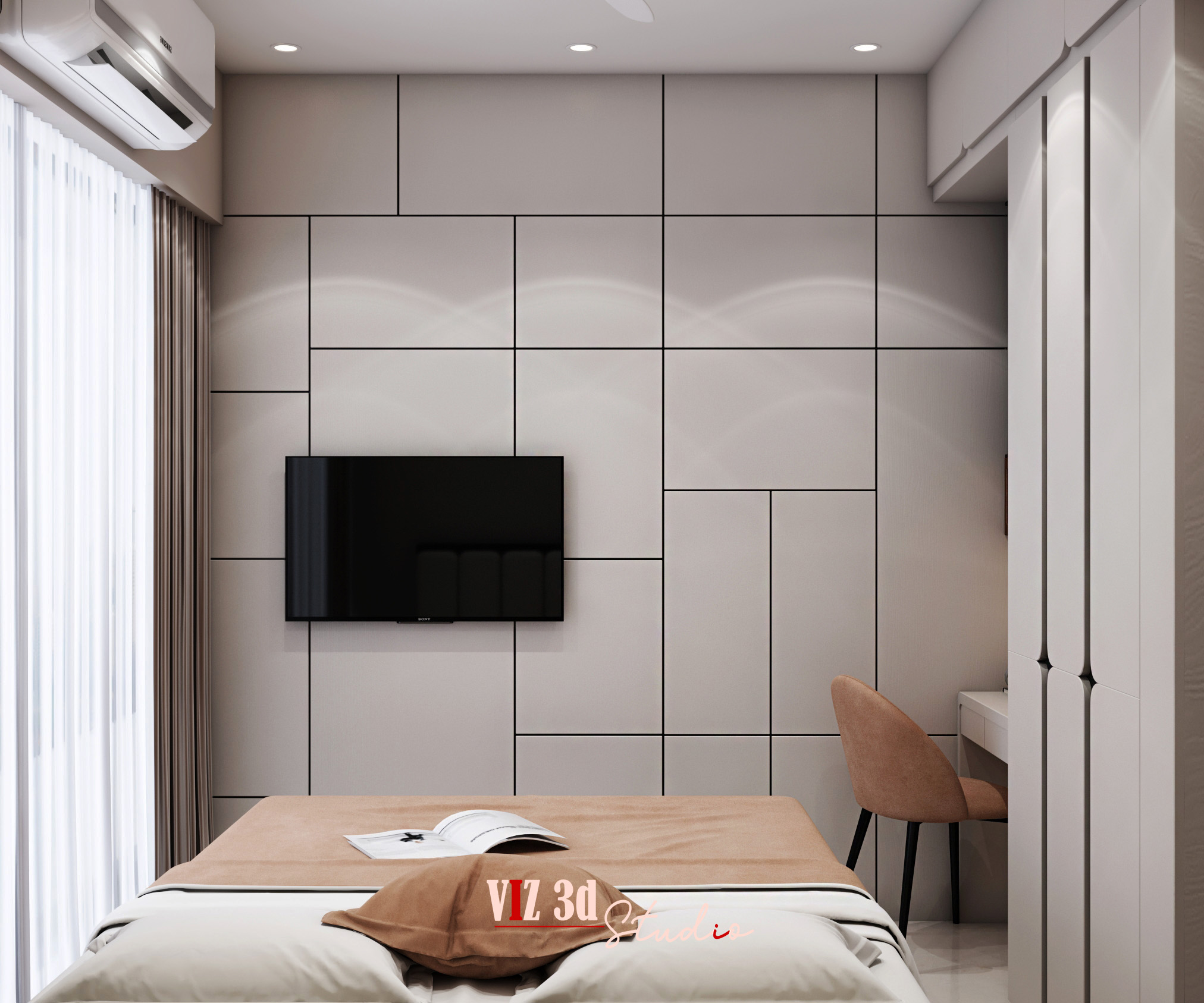 Detailed 3D bedroom scene featuring photoreal lighting, high-quality materials, and perfectly modeled elements, highlighting professional architectural visualization work.