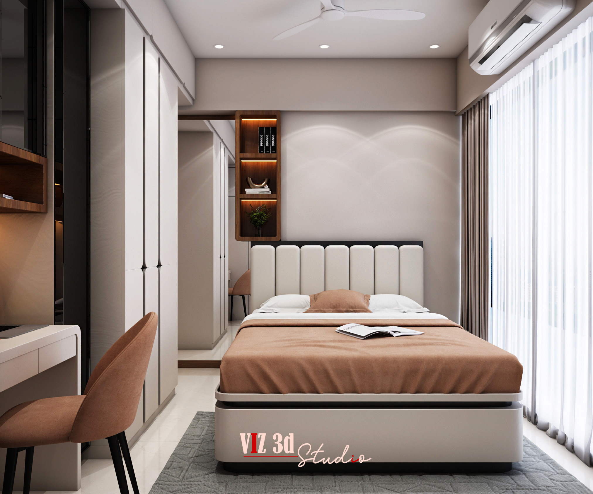 Ultra-realistic 3D render of a bedroom interior demonstrating accurate shadows, clean materials, and advanced workflow techniques used for high-end visualization.