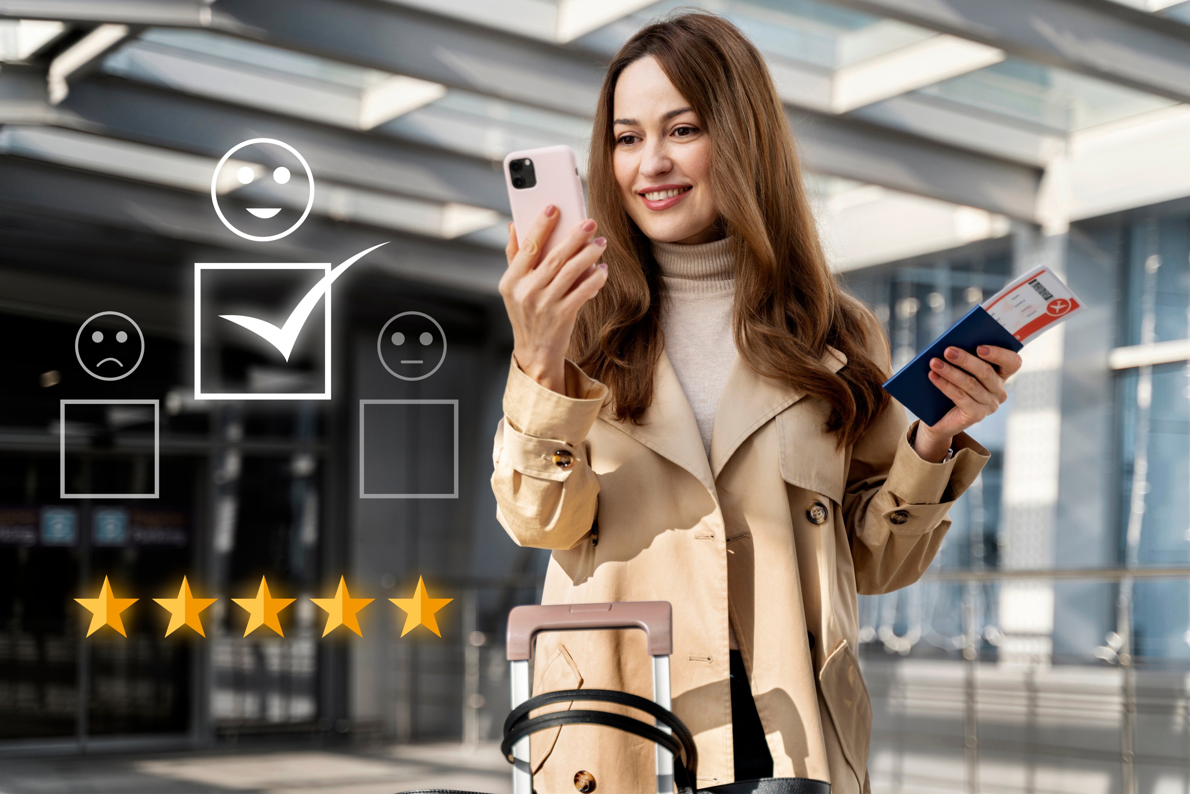 Woman checking smartphone with 5-star rating icons representing online reputation management, customer feedback, and brand trust improvement for business growth.