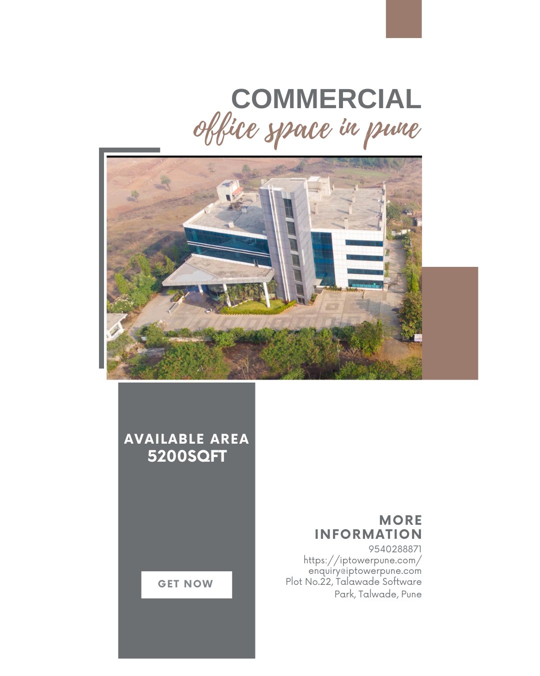 Alt text: Promotional poster for IP Tower commercial office space in Pune featuring an aerial view of a modern office building, highlighting 5200 sq ft available area, contact details, and location at Talawade Software Park with a “Get Now” call-to-action.