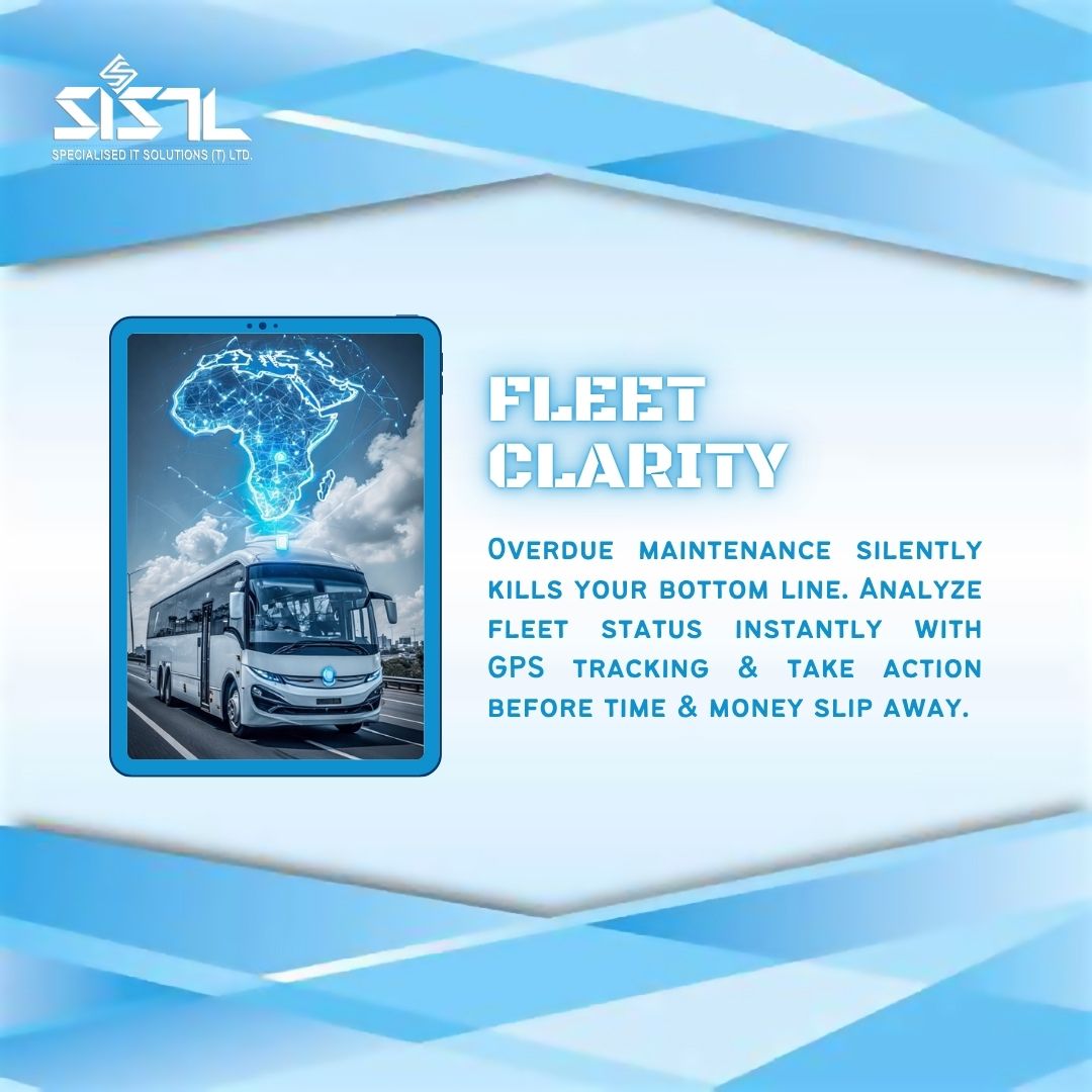 Specialised IT Solutions Ltd. Dar es Salaam, Tanzania, Kenya, Zambia, East Africa.

UNLOCK FLEET POTENTIAL
Timely Reactions Save Fleet Costs

GPS technology, Vehicle Tracking, Car Tracker, Telematics, Fleet Tracker, Fleet Solutions, Fleet Management, Fleet Optimization, Fuel Monitoring System, Tire Management System, Temperature Monitoring, Load Monitoring System, Geofencing, Driver Behavior Monitoring System, Route Optimization, Fleet Maintenance System, Fleet Expense Monitoring, Container E-lock System
