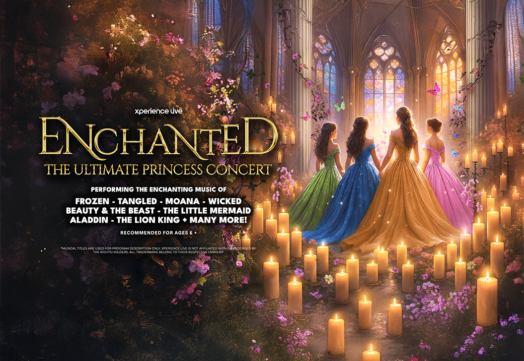 This image features a promotional poster for "Enchanted: The Ultimate Princess Concert." It shows five figures in elegant dresses standing in a grand hall lit by numerous candles. Large stained-glass windows adorn the background. The text highlights featured music from films like Frozen, Tangled, Moana, and more.