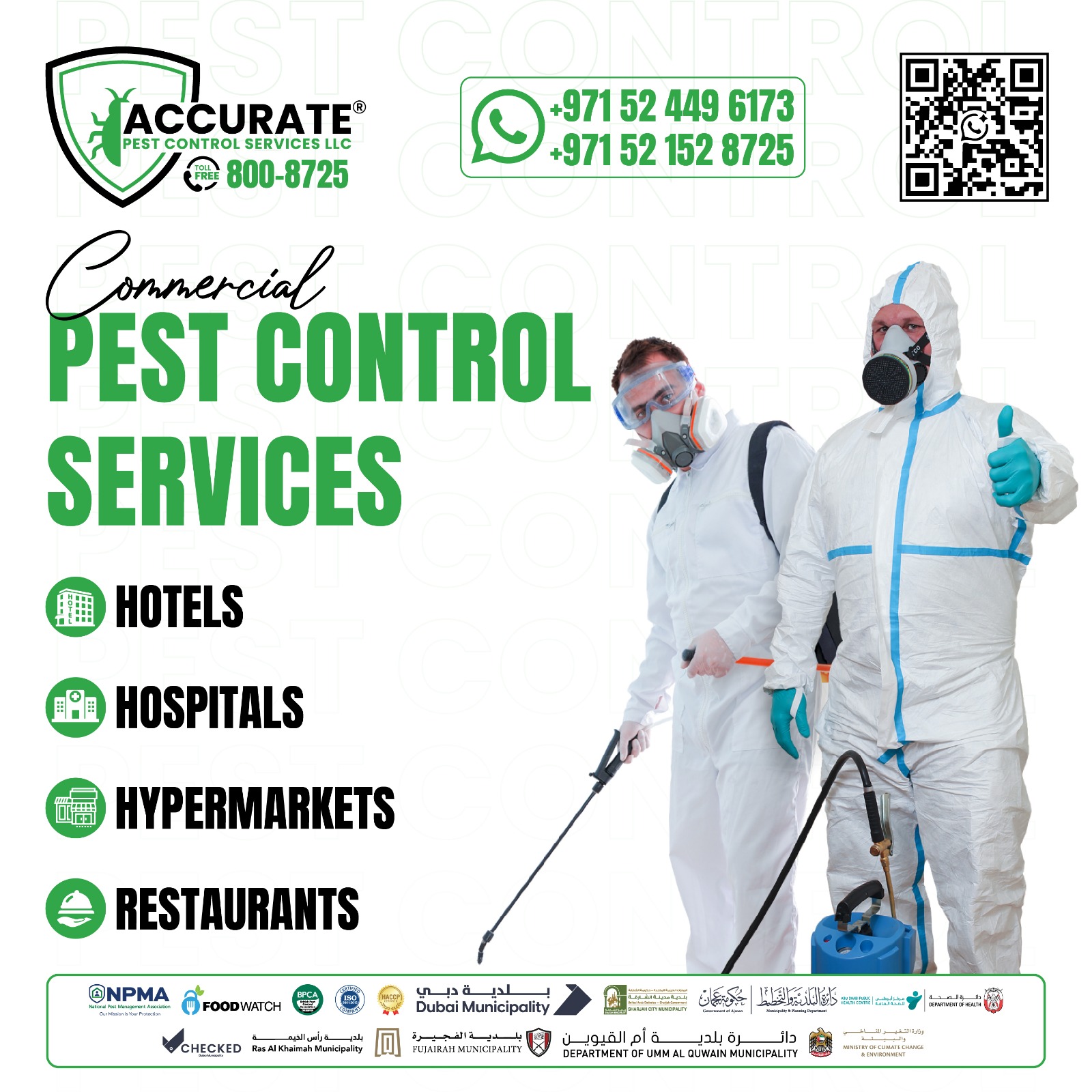 Protect your business reputation with professional commercial pest control in UAE.
Accurate Pest Control Services LLC serves hotels, hospitals, hypermarkets & restaurants across UAE.