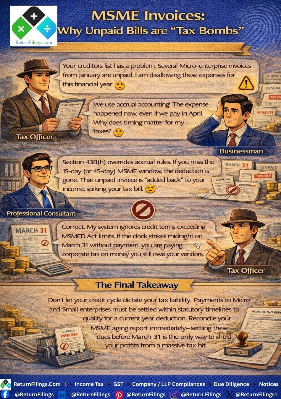 Image provided by ReturnFilings.Com it contains The hidden cost of "waiting to pay": a spiked tax bill. ⚠️ Section 43B(h) treats unpaid MSME invoices as "Tax Bombs." If you haven't cleared dues to Micro or Small enterprises within the statutory 15/45-day window, you lose the tax deduction this year. 📉Your credit cycle doesn't matter to the tax officer—only the calendar does. 📅 Reconcile your vendor list, identify Udyam-registered partners, and settle those invoices before the March 31 deadline to shield your bottom line. 🛡️✨ #ReturnFiling #Returnfilings #Section43Bh #MSME #TaxPlanning #BusinessGrowth #ComplianceCheck