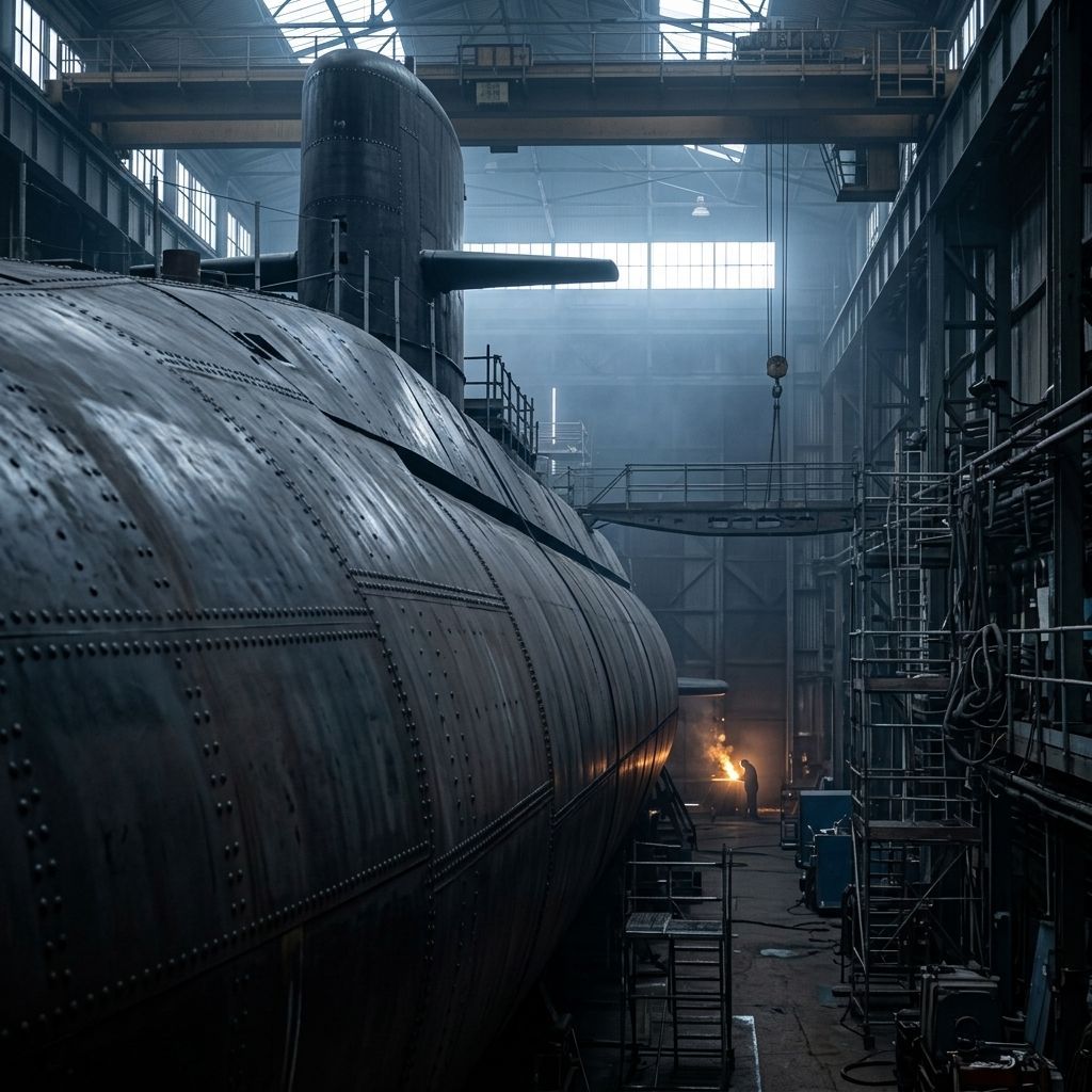 A cinematic, low-angle shot of a massive submarine hull under construction in a Barrow shipyard. The lighting is cold and industrial, with shafts of pale winter light cutting through a hazy, cavernous interior. Focus on the raw, riveted texture of the dark steel plates and the contrast between the monumental scale of the vessel and the small, flickering orange glow of a distant welder’s torch.