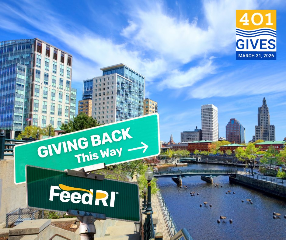 A cityscape of Providence, Rhode Island, featuring a clear blue sky and prominent buildings. In the foreground, there are green directional signs reading "GIVING BACK This Way" with an arrow, and "FeedRI." The top right corner displays a logo with "401 GIVES" and the date "March 31, 2026." A river and park area with ducks are visible below.