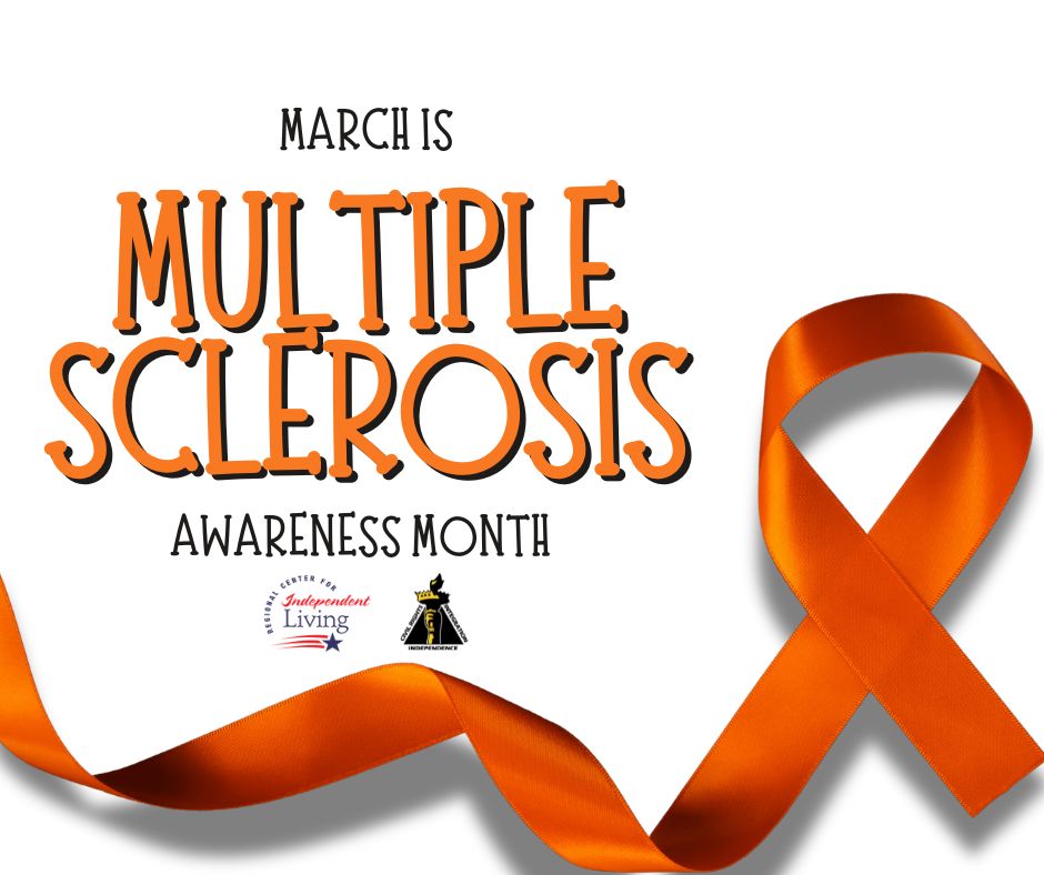  A rectangular graphic features bold text at the top reading “MARCH IS MULTIPLE SCLEROSIS AWARENESS MONTH” in large orange and black lettering on a white background. Centered beneath the text are two organizational logos: the RCIL logo on the left and the CDR logo on the right. Along the right edge of the graphic, an orange multiple sclerosis awareness ribbon stands vertically, adding a bright visual accent to the layout.
