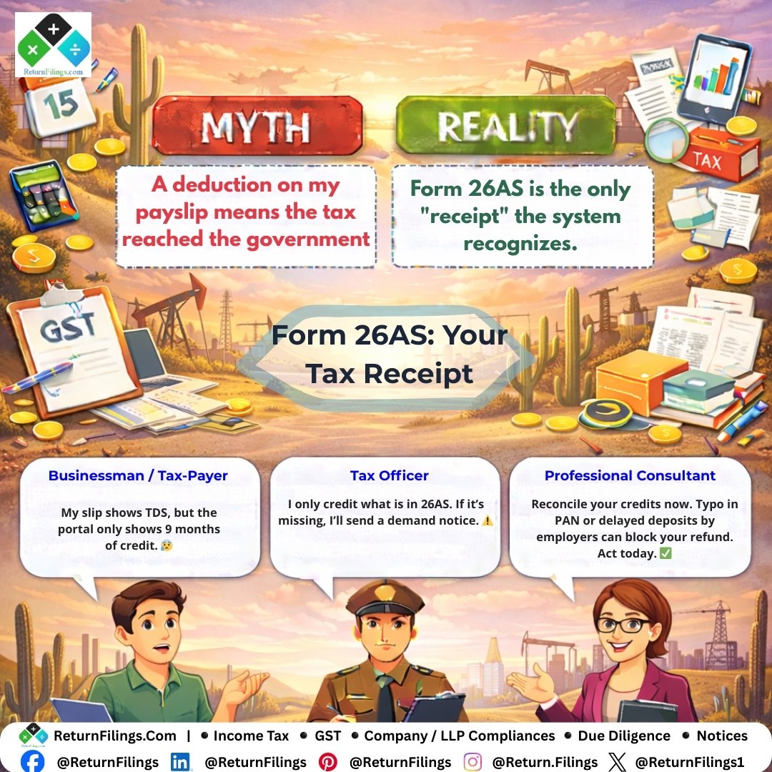Image provided by ReturnFilings.Com it contains Don’t let a missing TDS entry ruin your tax season! 😰📉

The Myth: "I have my Form 16/payslip, so I’m safe."
The Reality: The Tax Dept only cares about what’s in your Form 26AS. Think of it as your official "Tax Receipt." 🧾✨

If your credits don't match your income, you risk:
1️⃣ Delayed or rejected refunds 💸
2️⃣ Automated demand notices ⚠️
3️⃣ Paying the same tax twice!

Pro Tip: Log in to the TRACES portal via the Income Tax site and verify your credits for all four quarters. A simple PAN typo by your bank or employer could be blocking your money. Fix it today! 🛡️✅

#ReturnFiling #Returnfilings #Form26AS #TaxHacks #IncomeTaxIndia #MoneyMatters #FinancialFreedom #TDS