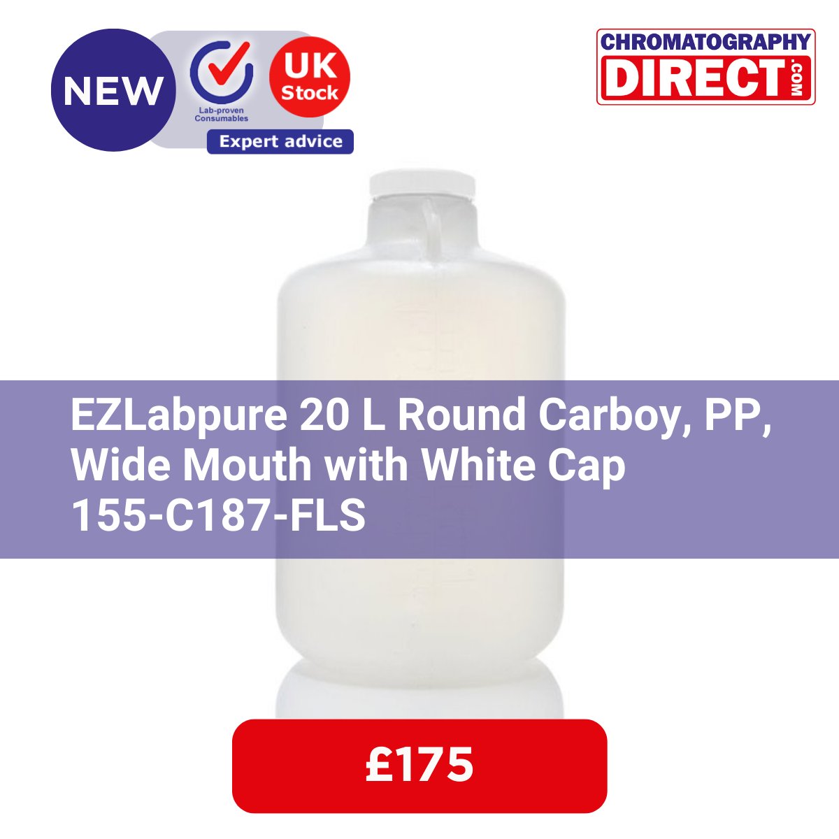 EZLabpure 20 L Round Carboy, PP, Wide Mouth with White Cap 155-C187-FLS
