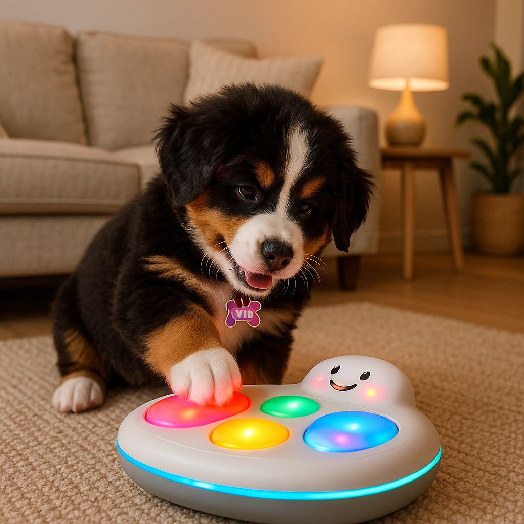 A happy Bernese Mountain Dog puppy, Kali, playing with a colorful, interactive dog toy that has lights and sounds. The setting is a modern living room with a cozy ambiance.
