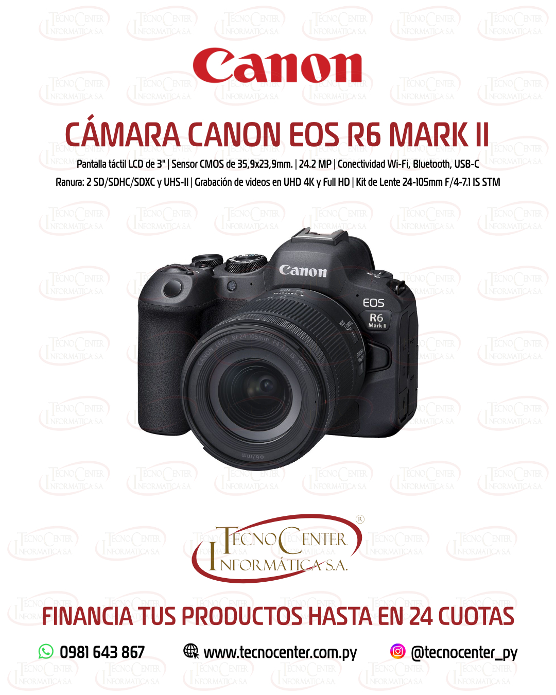 Captura los momentos perfectos al instante. Cámara Canon EOS R6 Kit 24-105mm. Adquirila en cuotas de Gs. 1.570.000. Whatsapp Directo 📲 0981643867.
▫️ Pantalla táctil LCD de 3”
▫️ Sensor de 24.2 MP CMOS de 35,9x23,9mm. 
▫️ Conectividad Wi-Fi, Bluetooth, USB-C
▫️ Ranura: 2 SD/SDHC/SDXC y UHS-II
▫️ Grabación de videos en UHD 4K y Full HD
▫️ Procesador de imagen DIGIC X
▫️ Kit de Lente 24-105mm F/4-7.1 IS STM

Solicitá haciendo click en nuestra bio 📲 
👉 Podes encontrar nuestros productos en: 
🌐 www.tecnocenter.com.py 
⚠️Consulta planes de financiación y descuentos por pagos en efectivo o transferencia bancaria. 
⚠️Hasta 3 cuotas sin intereses a PRECIO CONTADO 
🚛 Envíos a todo el país🇵🇾 
#Camara #Canon #CanonEOS #EOSR6 #R6MarkII #Mirrorless #FullFrame #TecnocenterPy

