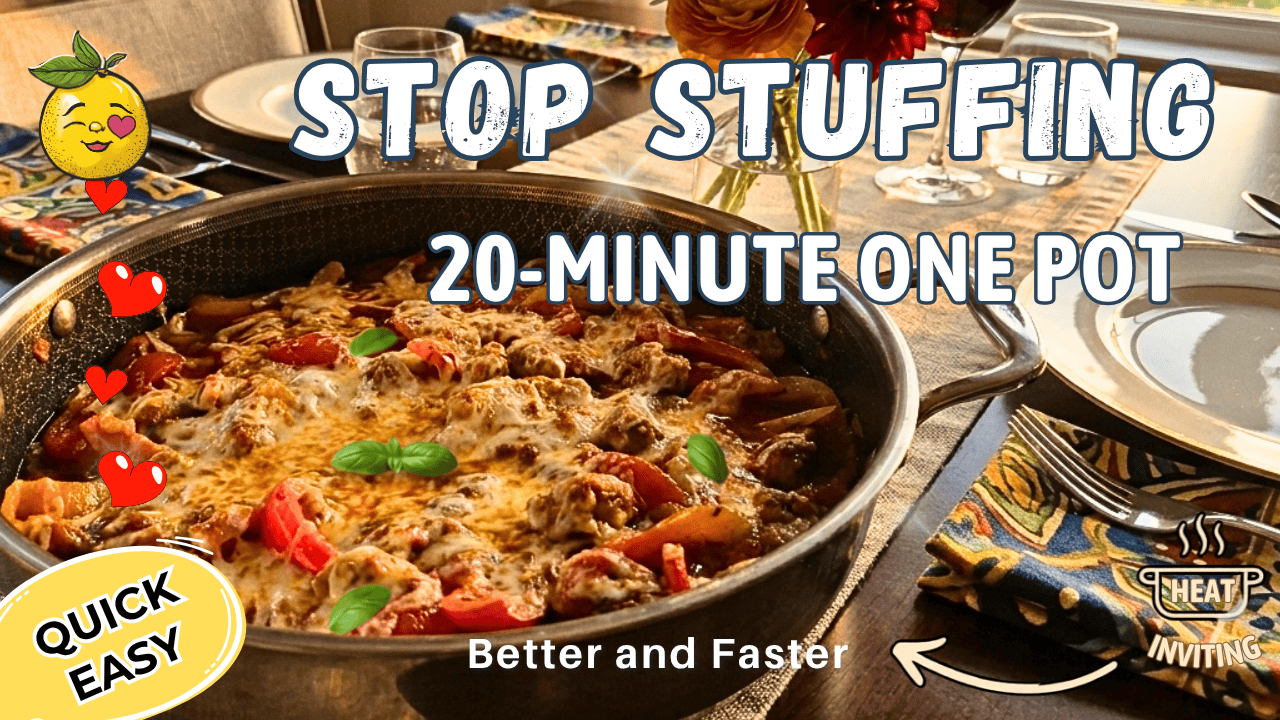 A savory one-pan unstuffed pepper skillet topped with melted mozzarella cheese and fresh basil leaves. This YouTube thumbnail for a 20-minute one-pot recipe features a close-up of a bubbling ground beef and bell pepper dish in a stainless steel skillet, set on a dining table with wine and plates. Text overlays include ‘STOP STUFFING,’ ‘20-MINUTE ONE POT,’ and ‘QUICK EASY,’ emphasizing a fast, healthy dinner meal prep solution.