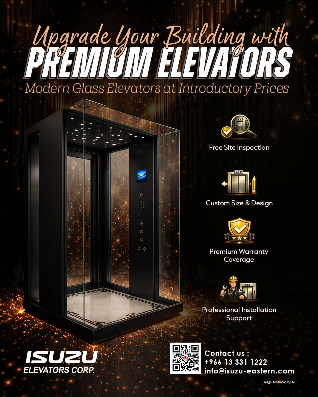 A sleek modern glass elevator is displayed in a dark, premium setting with glowing golden light effects and spark-like elements in the background. The elevator features transparent glass panels, a minimalistic black frame, and a digital control panel inside, highlighting advanced technology and elegant design. On the right side, icons represent key services including free site inspection, custom size and design, premium warranty coverage, and professional installation support. The overall visual conveys luxury, reliability, and high-end performance for modern buildings and architectural spaces.