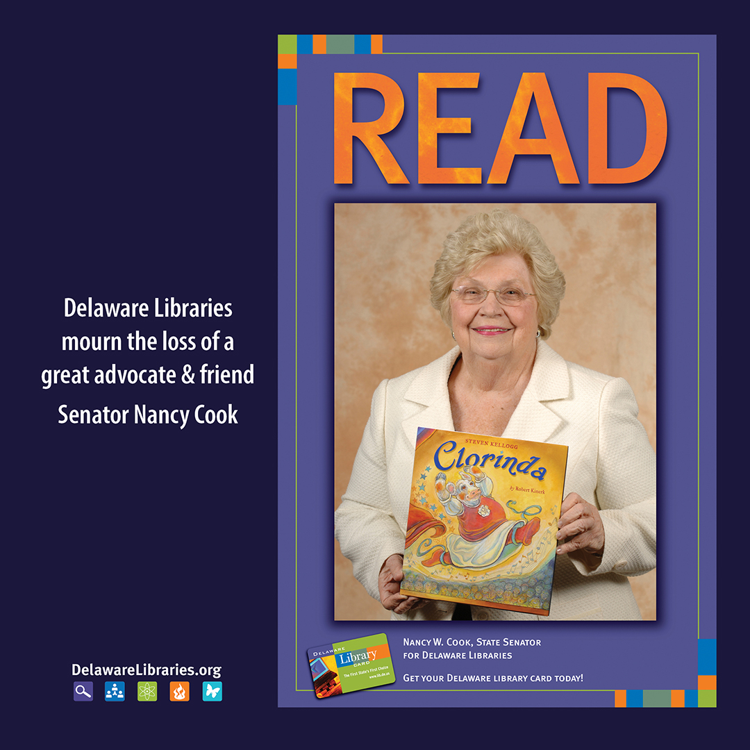 Delaware Libraries honor Senator Nancy Cook, holding a children's book titled 'Clorinda' in a tribute to her legacy.