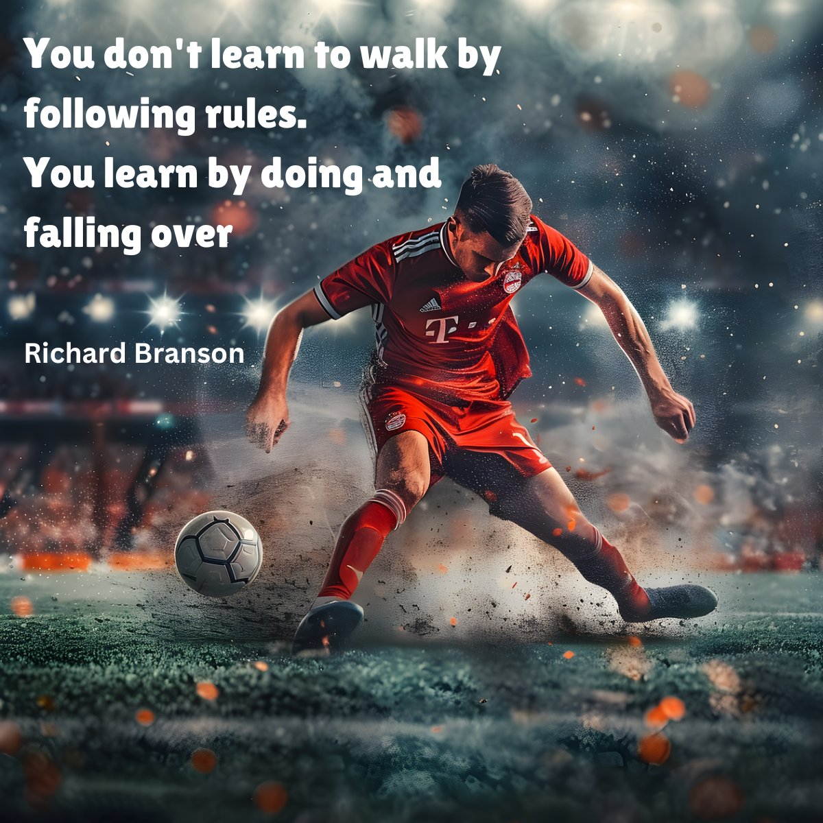 Soccer player in red kit kicking a ball in a stadium with sparks flying, paired with the quote 'You don't learn to walk by following rules. You learn by doing and falling over' by Richard Branson.