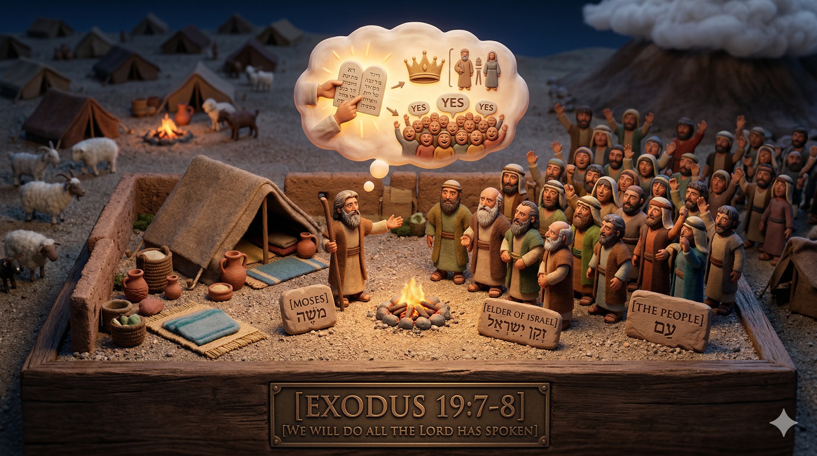 Clay-style Bible diorama of Exodus 19:7–8. Moses speaks to the elders and the gathered people, who respond together that they will do all the Lord has spoken.