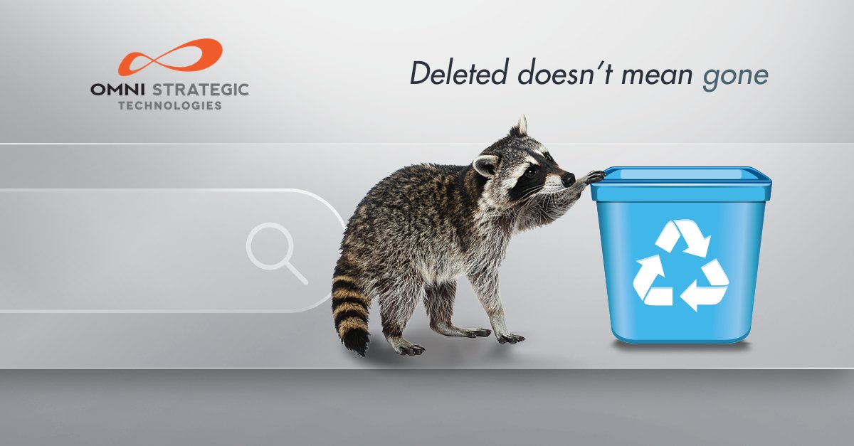 A raccoon is reaching into a blue recycling bin with a recycling symbol. The background features the Omni Strategic Technologies logo and the text "Deleted doesn't mean gone."