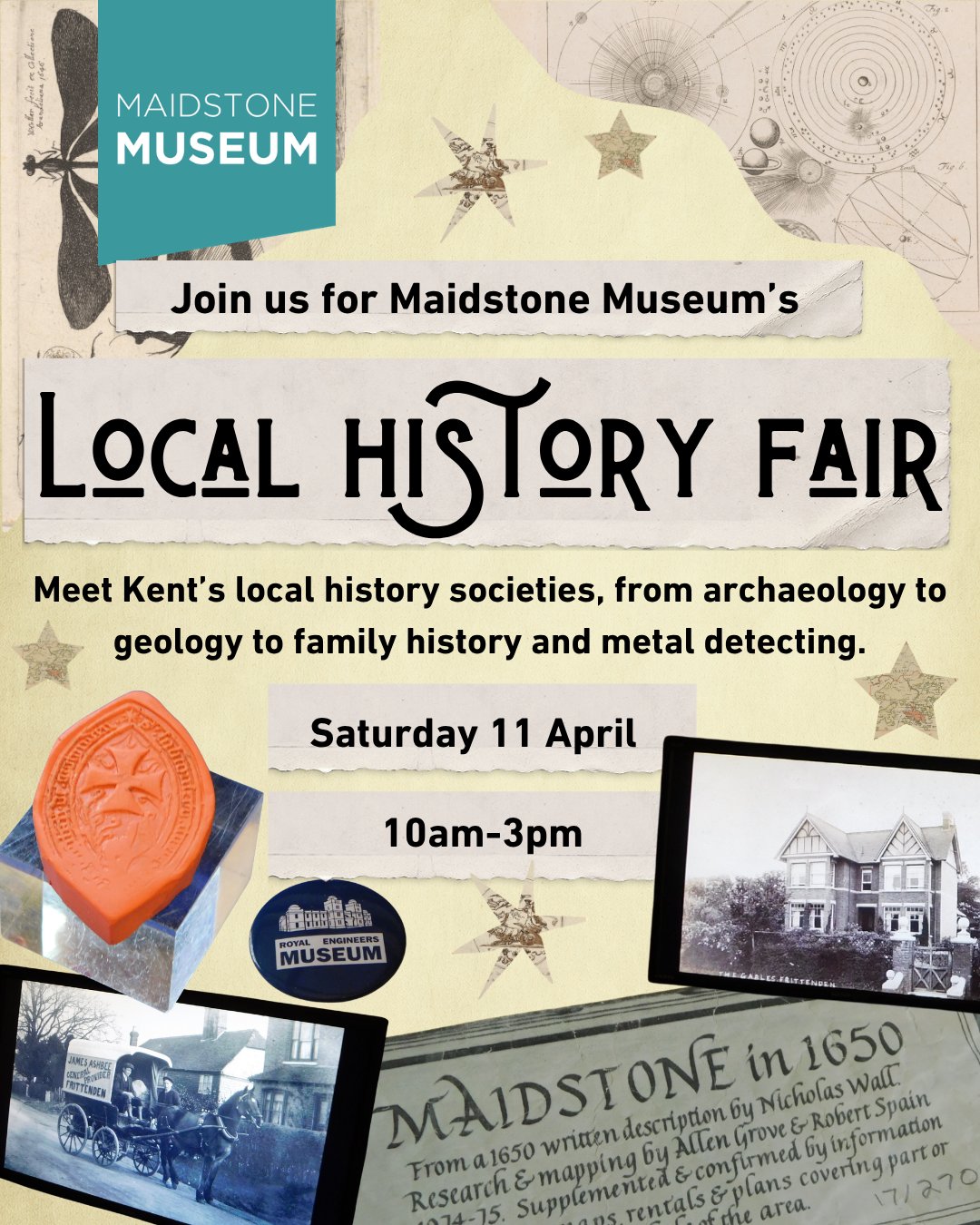 Maidstone Museum's Local History Fair poster with pictures from old Maidstone artefacts. Event details in post.