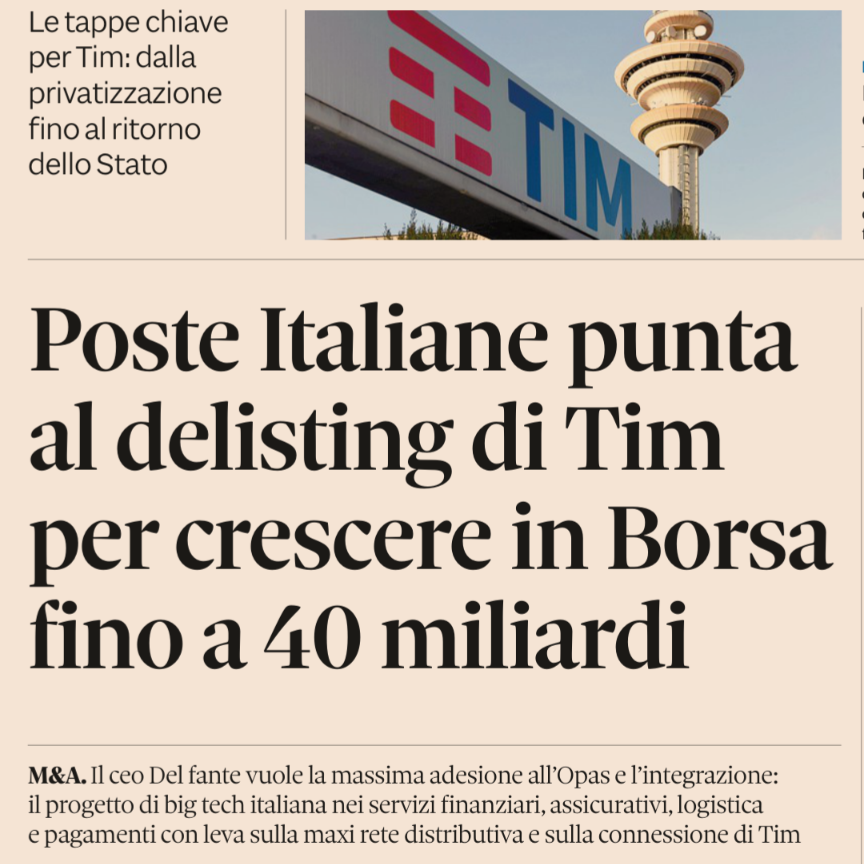 Poste Italiane punta al delisting di Tim per crescere in Borsa fino a 40 miliardi