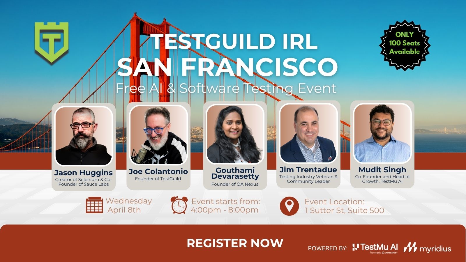 Free AI & Software Testing Event in San Francisco
Join us in the Bay Area for an unforgettable evening of learning, networking, and innovation.
Hands-on insights: Discover AI-powered testing tactics you can apply next sprint.
Unmatched expertise: Hear from QA leaders and industry experts.
Local networking: Meet 100+ engineers and testers from the San Francisco area.
Wed, April 8th
4:00 PM - 8:00 PM
1 Sutter St, Suite 500
1 Sutter St Suite 500, San Francisco, CA 94104
Only 100 Seats Available