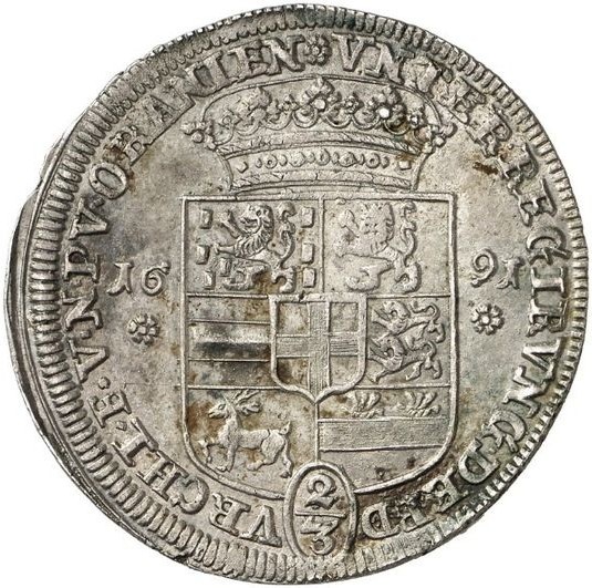 © Fritz Rudolf Künker GmbH & Co. KG, Osnabrück und Lübke & Wiedemann KG, Leonberg - 2/3 Taler 1691 Diez - 15,50 g Silber - Isenbeck 290 - Exemplar der Fritz Rudolf Künker GmbH & Co. KG Auktion 258 Los 402 - Zuschlag 9.000 EUR