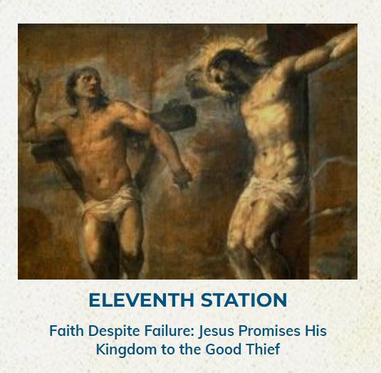 Stations of the Cross for Autistic People, by Fr. Mark Nolette – autistic Catholic priest, author and blogger
Image shows Titian’s painting Christ and the Good Thief, depicting Jesus crucified alongside the thief who was crucified with Him that day. Blue text reads: Eleventh Station: Faith Despite Failure: Jesus Promises His Kingdom to the Good Thief