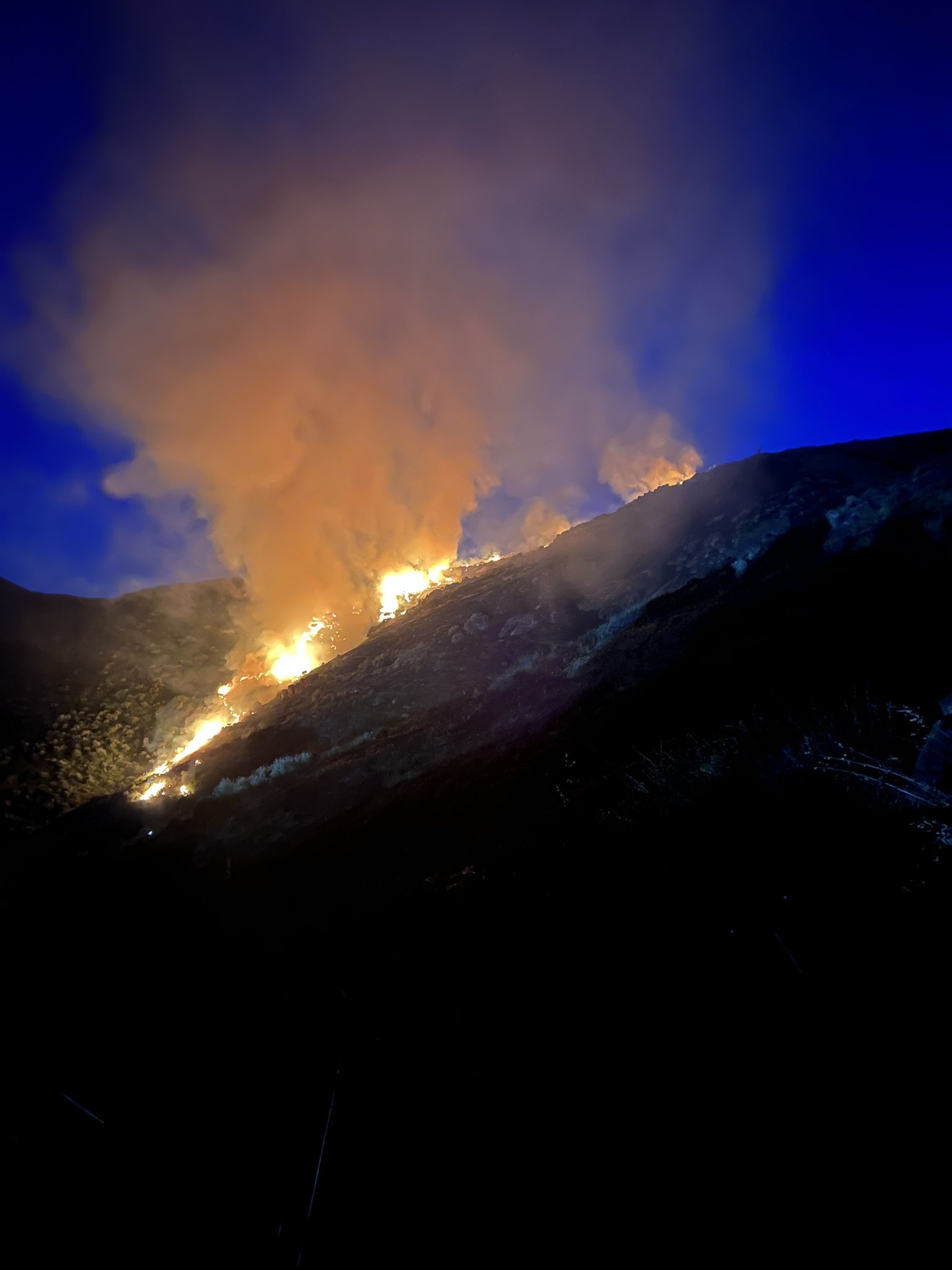 Flames along the side of the hill on the vegetation fire