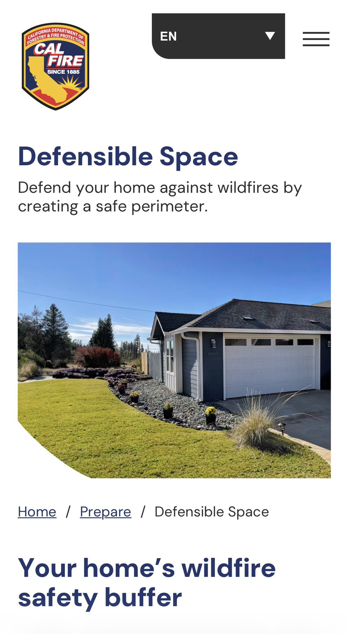Image from ready for wildfire.org regarding defensible space