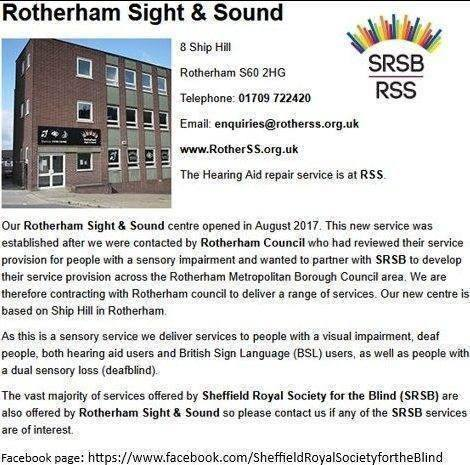 Picture of Rotherham Sight & Sound building; with text about the services offered