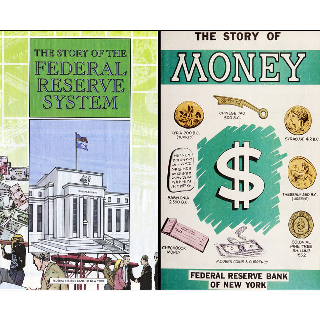 'The Story of the Federal Reserve System' comic book cover, showing the Fed Board building, workers and money, is to the left of the comic book cover of 'The Story of Money,' which shows historic and more modern currency.