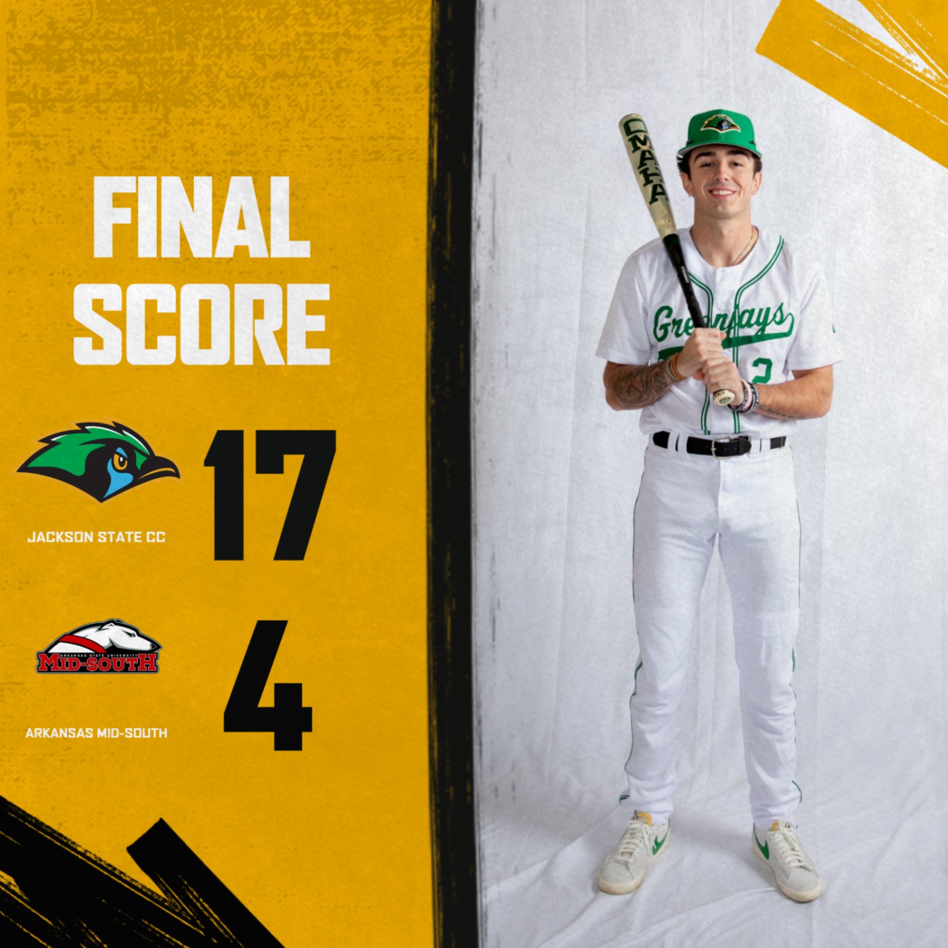 Final score graphic showing Jackson State Community College defeating Arkansas Mid-South 17–4. On the right, a baseball player in a white and green Green Jays uniform stands smiling and holding a bat against a white backdrop. The left side features a gold background with bold “FINAL SCORE” text, team logos, and the score displayed prominently (JSCC 17, Arkansas Mid-South 4).