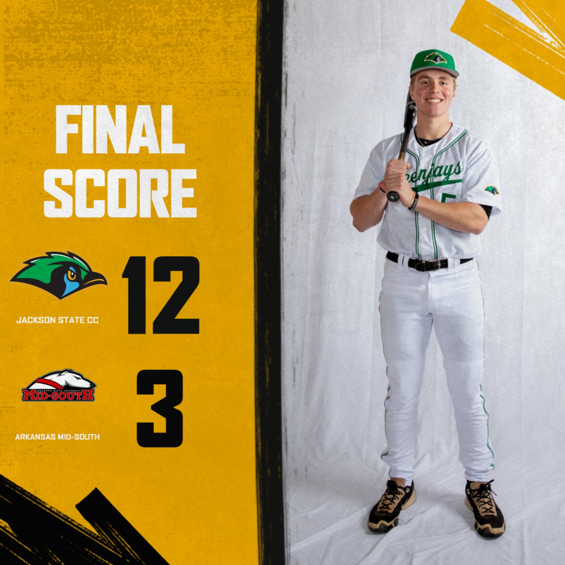 Final score graphic showing Jackson State Community College defeating Arkansas Mid-South 17–4. The left side features a gold background with bold “FINAL SCORE” text, team logos, and the score prominently displayed (JSCC 17, Arkansas Mid-South 4). On the right, a Green Jays baseball player in a white and green uniform stands smiling while holding a bat against a clean white backdrop.