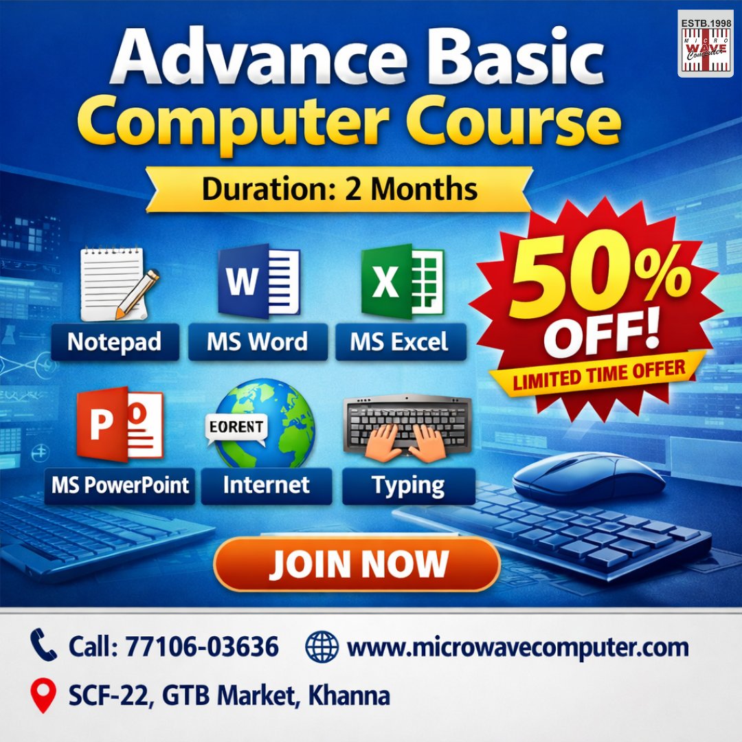 A Basic Computer Course teaches fundamental skills like operating a computer, using the internet, and working with applications such as MS Word, Excel, and PowerPoint.
It is perfect for beginners who want to improve digital knowledge for jobs, studies, or daily tasks.

