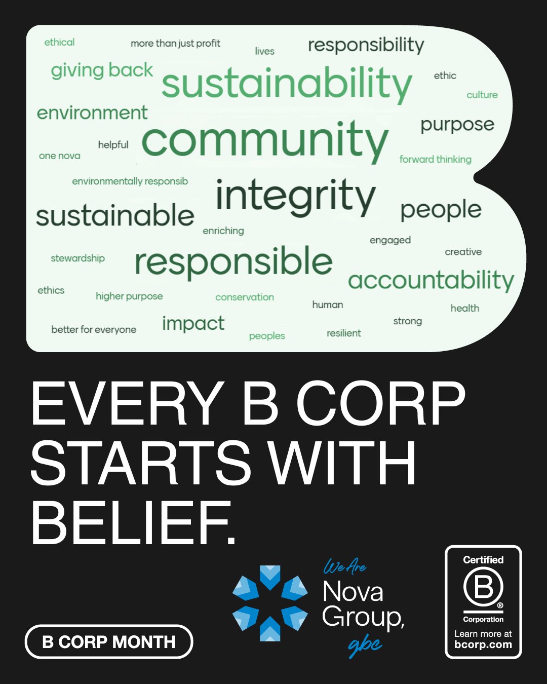 💛 🐝 This B Corp Month, we asked our employees, "What does business as a force for good mean to you?"

Our B Corp™ certification is a badge of honor, because it shows that we have made measurable social and environmental progress — all while living our values. And with the new standards for B Corp Certification, we’re committed to continuous improvement.
#WearTheB #BCorp #BCorpMonth #GenerationB #ProudlyCertified #NovaGroupGBC #NovaAmbiente #WeAreNova #WeAreOne